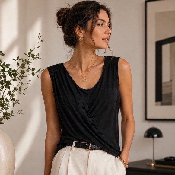 Vince Tops - Vince Black Draped Twist Front Sleeveless Modal Wool Blend Top Small Made in USA